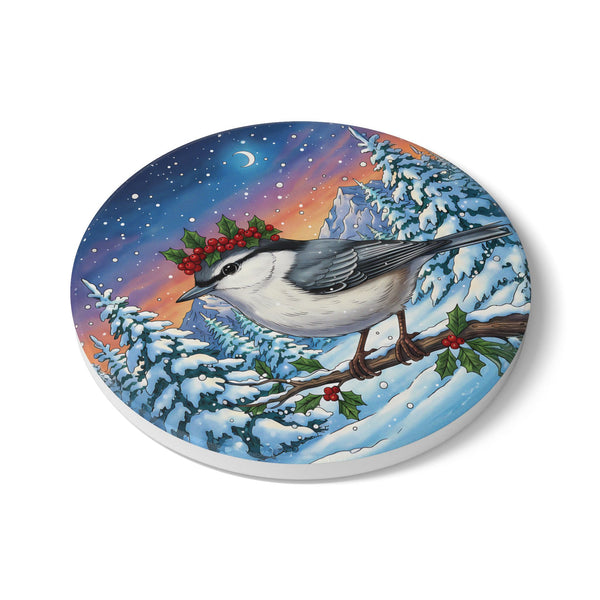 Nuthatch with Holly Berry with Crown Ceramic Coaster, Holiday Home Decor, Farmhouse Kitchen, Birds With Hats Lover Christmas Gift