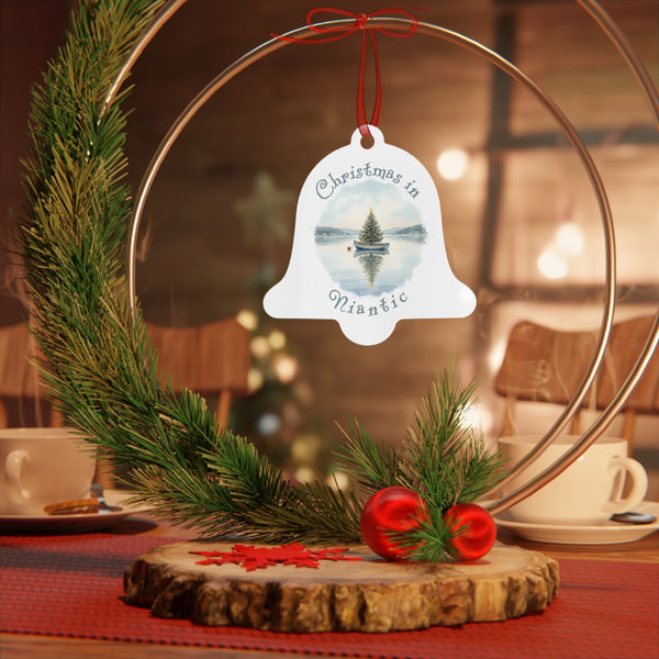 Christmas in Niantic, CT Metal Ornament  - Dinghy Boat with Xmas Tree in Harbor, Local's Keepsake Gift