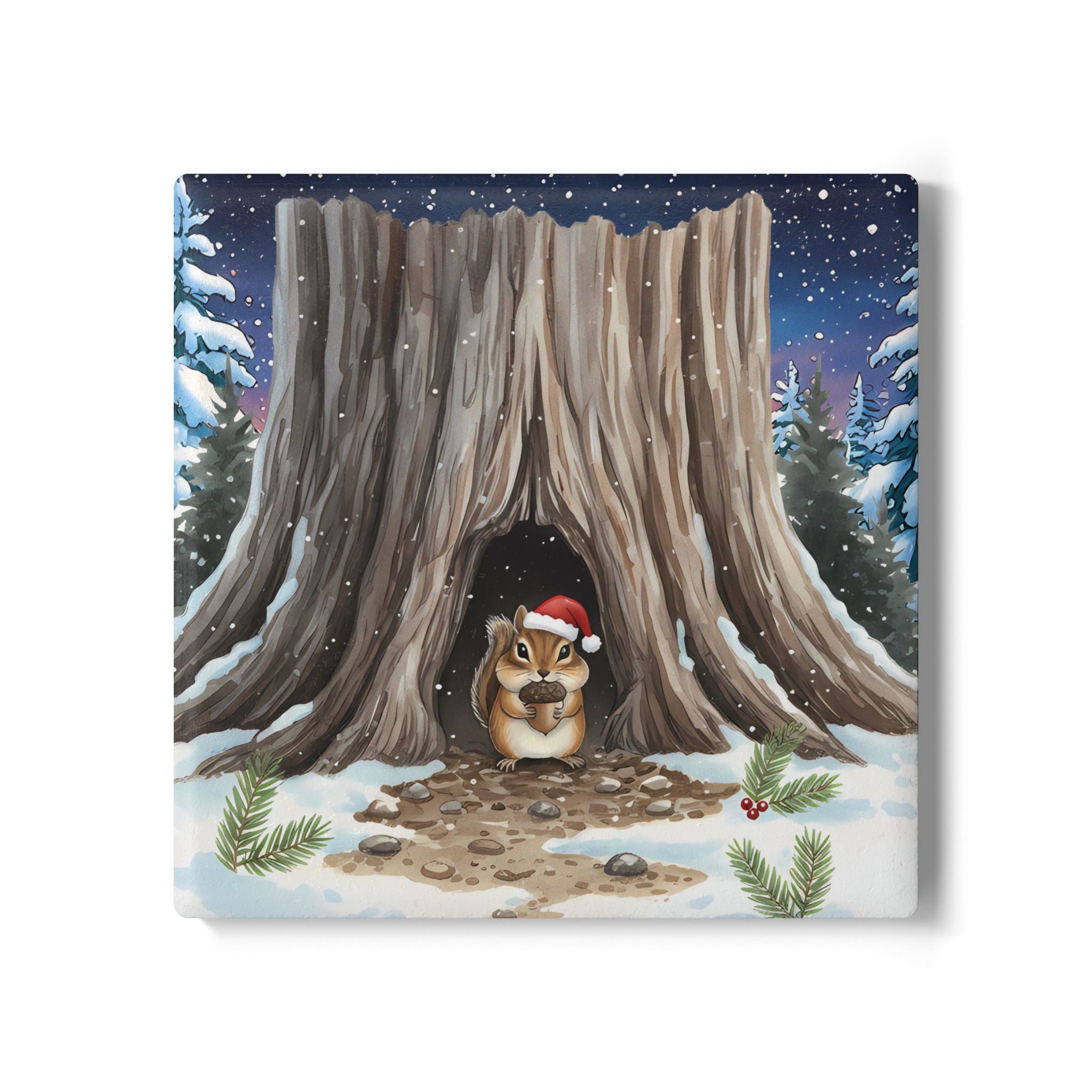Christmas Chipmunk Ceramic Coaster, 4-inch Square, Qty 1