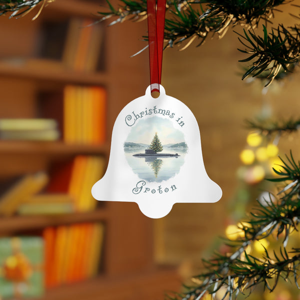 Christmas in Groton, CT Metal Ornament  - Submarine with Xmas Tree in Harbor, Local's Gift