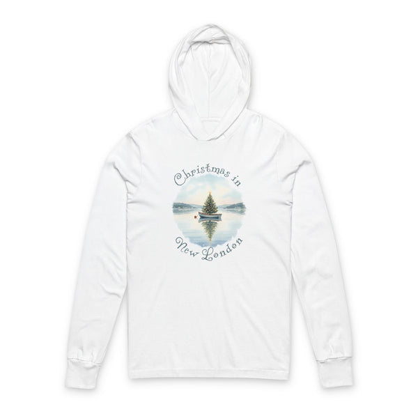Hooded Long Sleeve Tee — Christmas in New London, Dinghy Boat with Xmas Tree in Harbor, Local's Gift