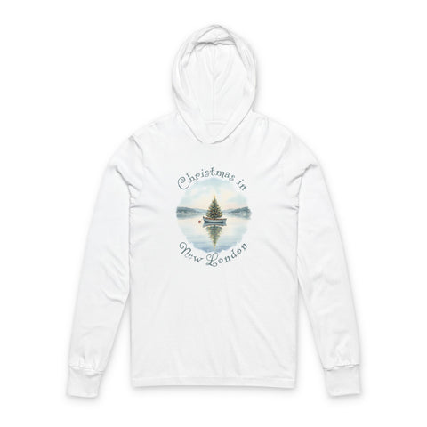 Hooded Long Sleeve Tee — Christmas in New London, Dinghy Boat with Xmas Tree in Harbor, Local's Gift