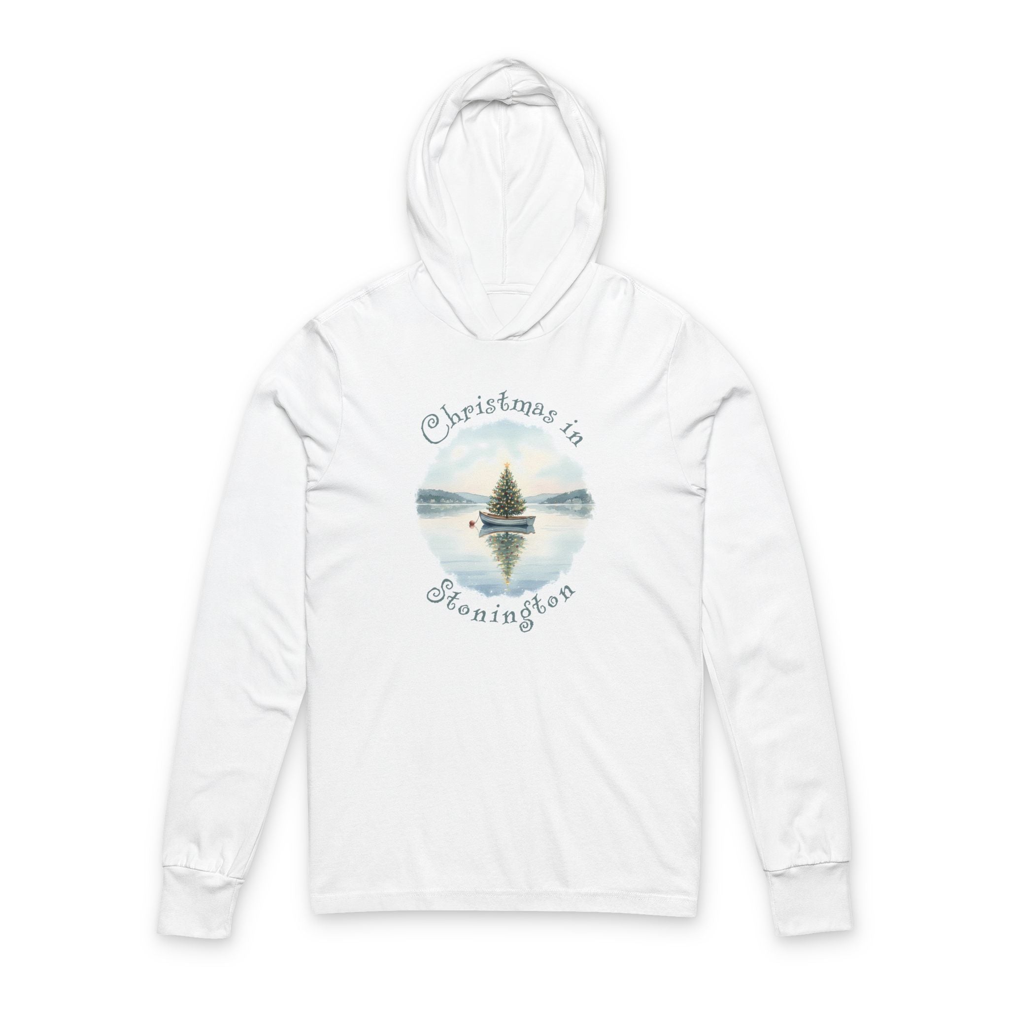 Hooded Long Sleeve Tee — Christmas in Stonington, Dinghy Boat with Xmas Tree in Harbor, Local's Gift