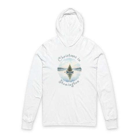 Hooded Long Sleeve Tee — Christmas in Stonington, Dinghy Boat with Xmas Tree in Harbor, Local's Gift