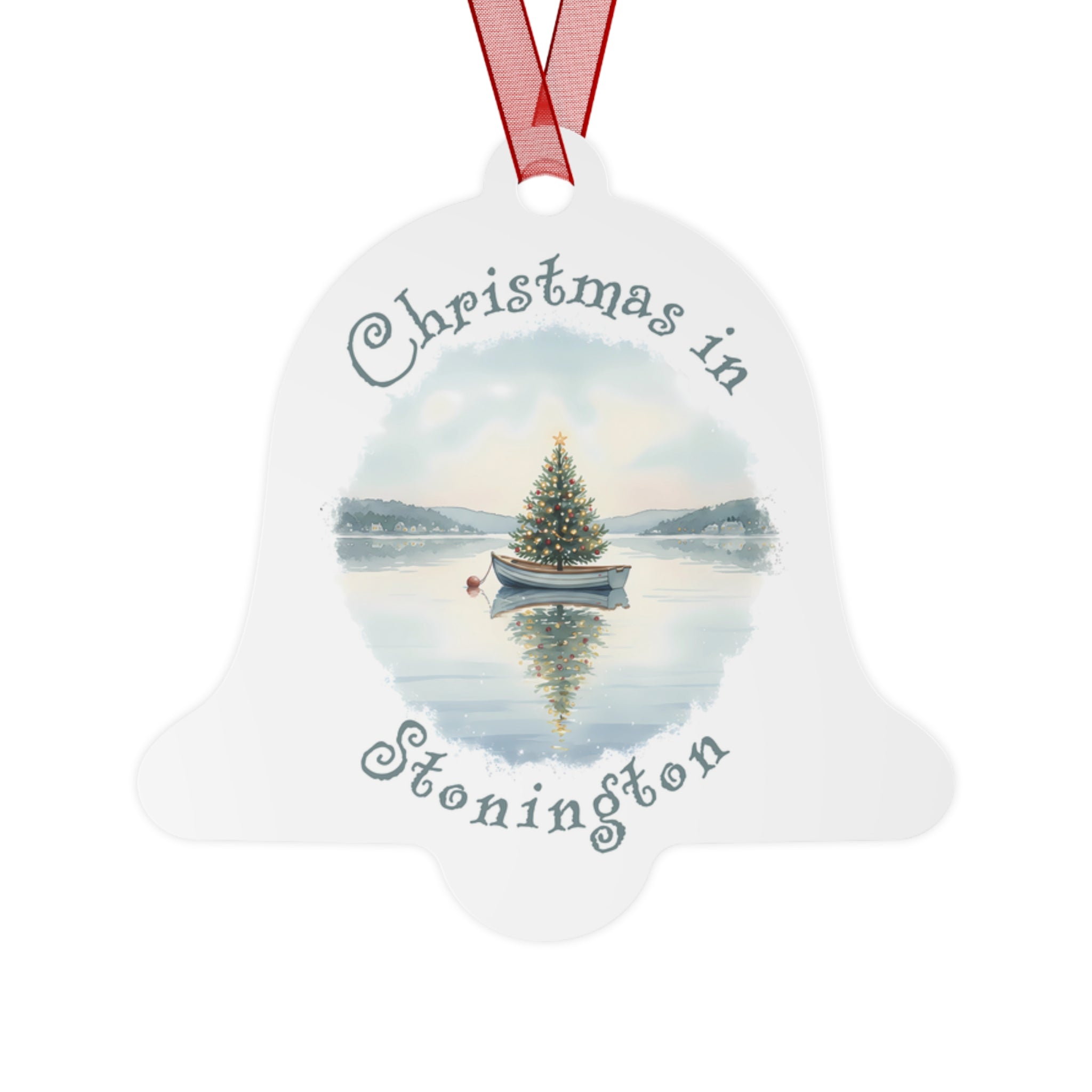 Christmas in Stonington, CT Metal Ornament  - Dinghy Boat with Xmas Tree in Harbor, Local's Keepsake Gift