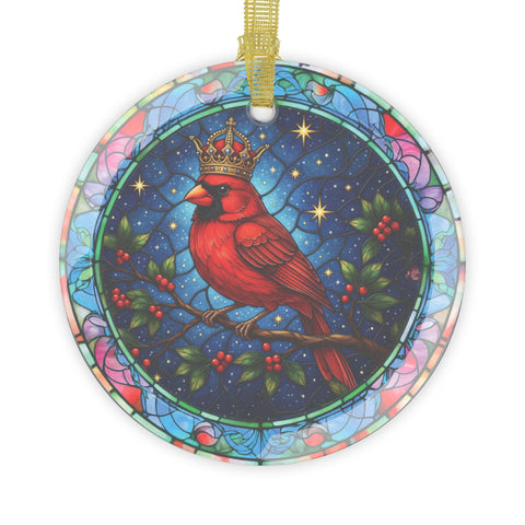 Christmas Cardinal Glass Ornament, Stained Glass Look, Christmas Tree Decoration, Red Cardinal with Gold Crown
