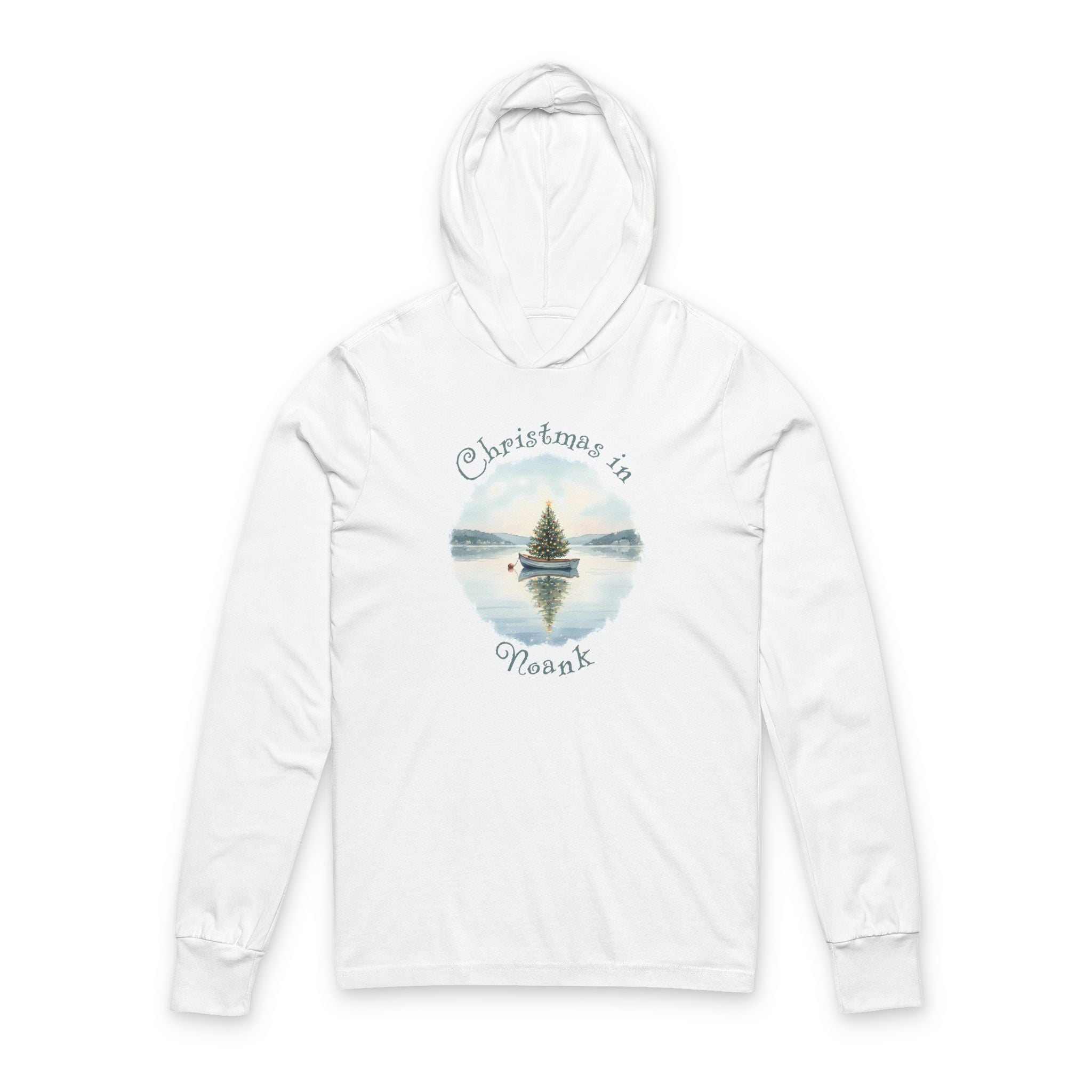 Hooded Long Sleeve Tee — Christmas in Noank, Dinghy Boat with Xmas Tree in Harbor, Local's Gift