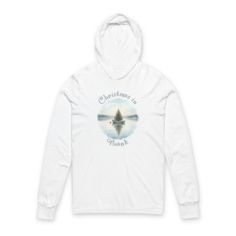 Hooded Long Sleeve Tee — Christmas in Noank, Dinghy Boat with Xmas Tree in Harbor, Local's Gift