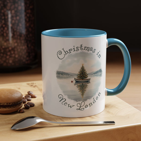 Christmas in New London, CT Accent Coffee Mug  - Dinghy Boat with Xmas Tree in Harbor, Local's Gift