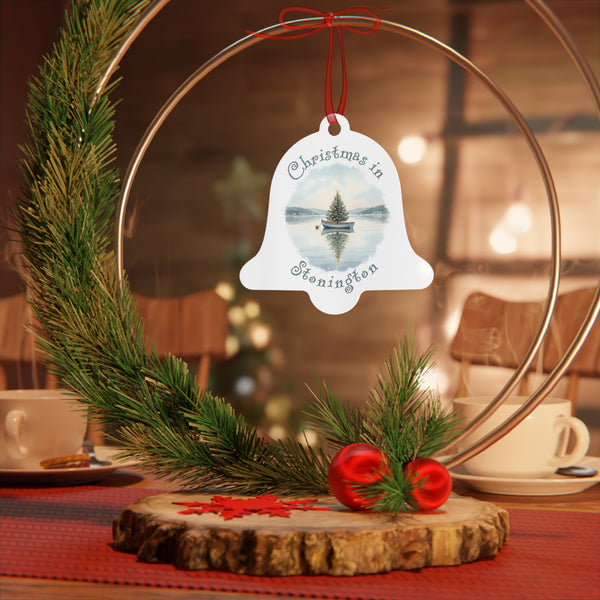 Christmas in Stonington, CT Metal Ornament  - Dinghy Boat with Xmas Tree in Harbor, Local's Keepsake Gift