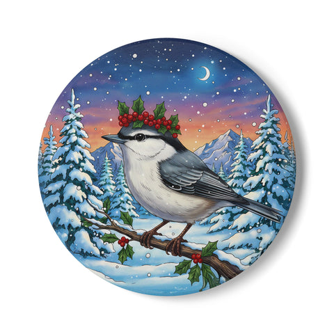 Nuthatch with Holly Berry with Crown Ceramic Coaster, Holiday Home Decor, Farmhouse Kitchen, Birds With Hats Lover Christmas Gift