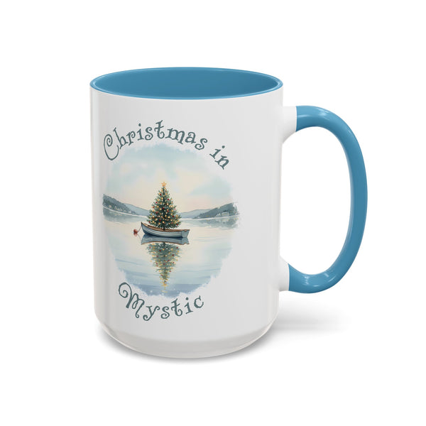 Christmas in Mystic, CT Accent Coffee Mug  - Dinghy Boat with Xmas Tree in Harbor, Local's Gift