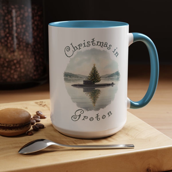 Christmas in Groton, CT Accent Coffee Mug  - Submarine with Xmas Tree in Harbor, Local's Gift