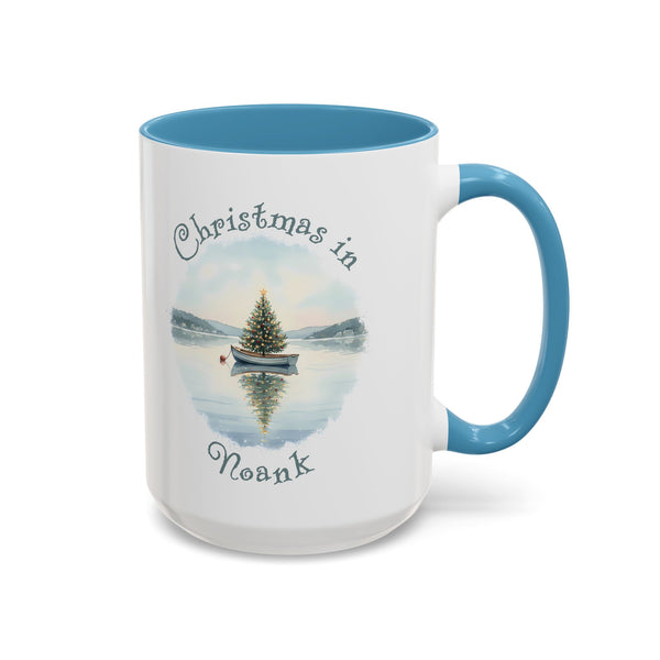 Christmas in Noank, CT Accent Coffee Mug  - Dinghy Boat with Xmas Tree in Harbor, Local's Gift