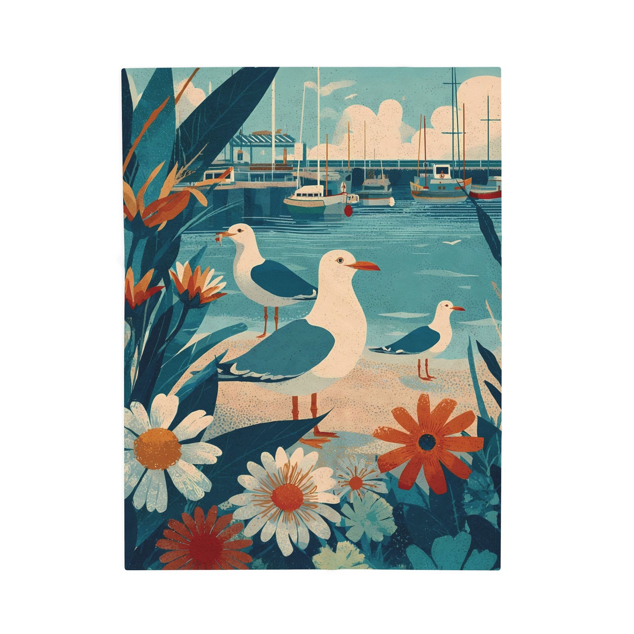 Throw Blanket, Seagull and Boats Vintage Folk Art Illustration, Coastal Living Decor, Lightweight Plush