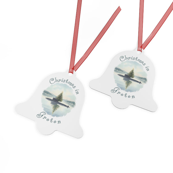 Christmas in Groton, CT Metal Ornament  - Submarine with Xmas Tree in Harbor, Local's Gift