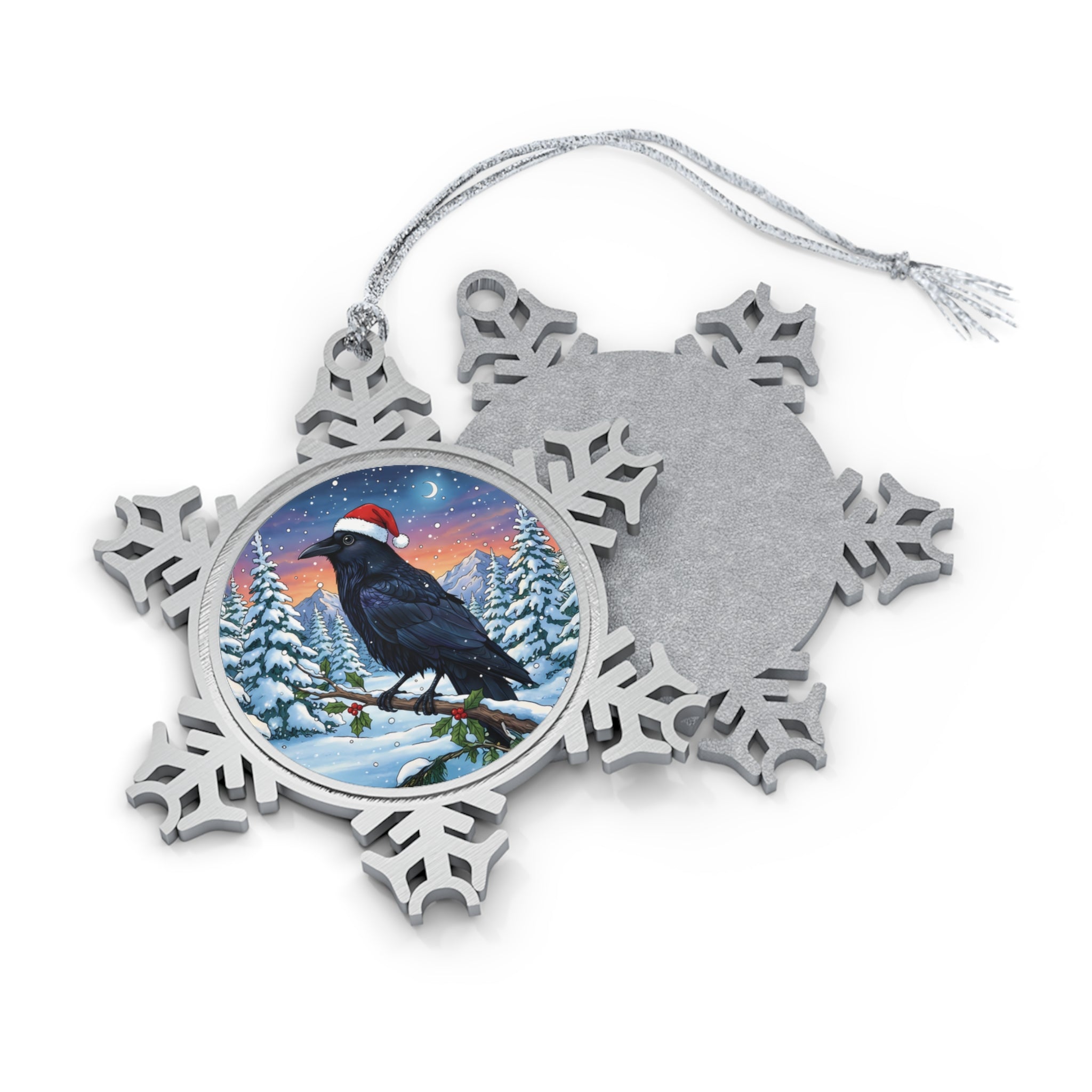 Raven Crow Christmas Ornament, Pewter Snowflake, Christmas Tree or Window Decoration, Bird Hanging Ornament
