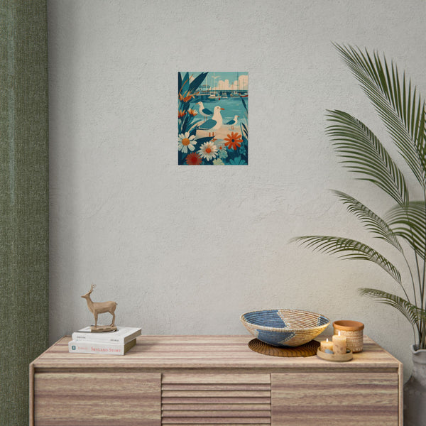 Three Coastal Seagulls and Marina Art Poster, Nautical Decor, Beach House Wall Art, Gift for Bird Lovers, Vintage Inspired Illustration