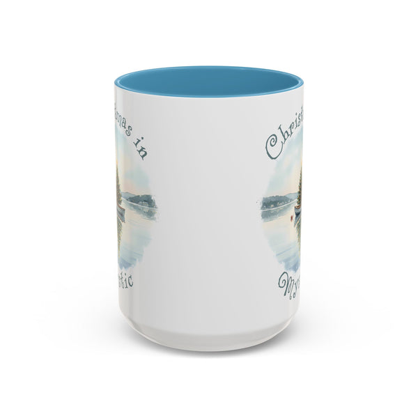 Christmas in Mystic, CT Accent Coffee Mug  - Dinghy Boat with Xmas Tree in Harbor, Local's Gift
