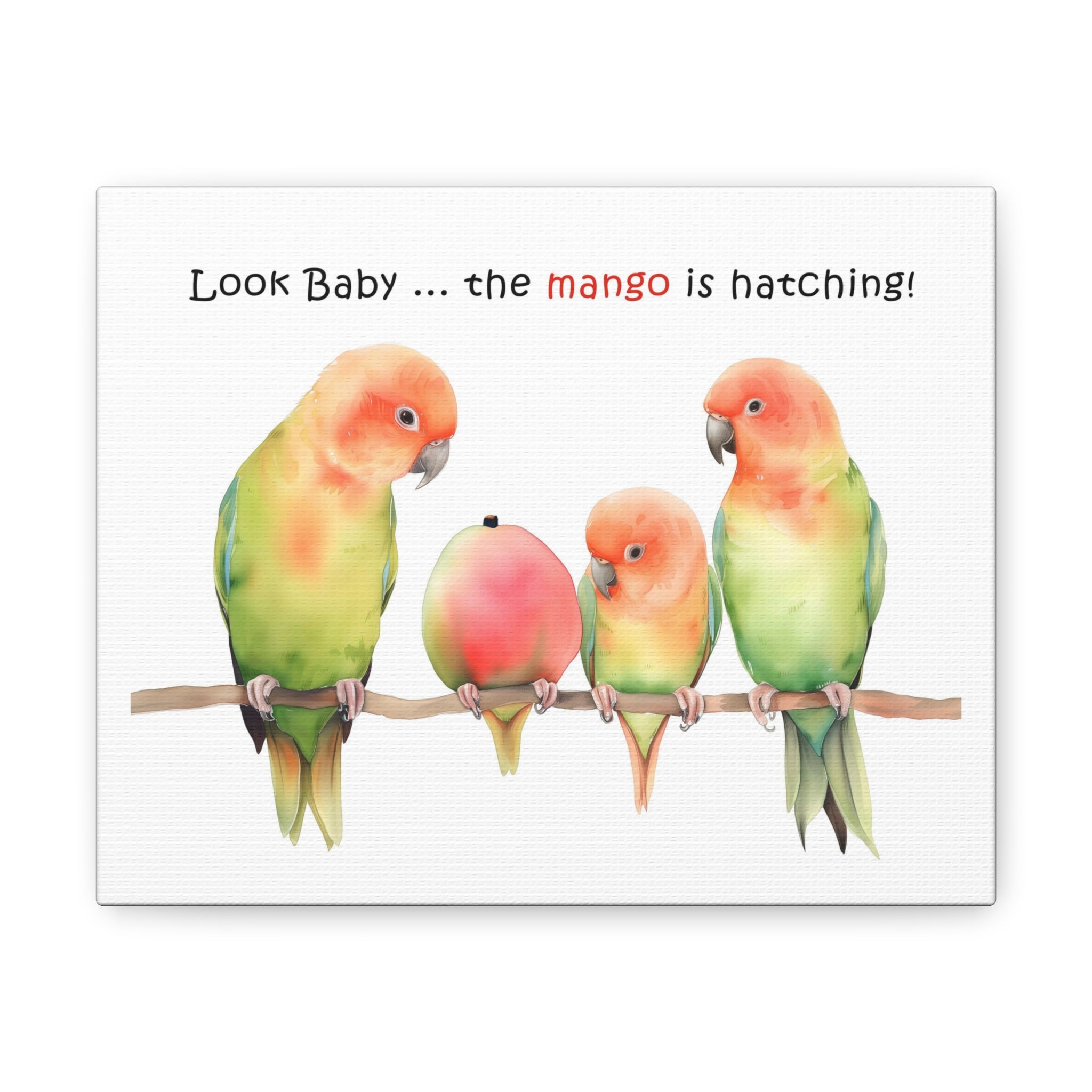 Lovebird Parents and Baby Watching Mango Hatching on a Branch - Funny Canvas Gallery Wraps