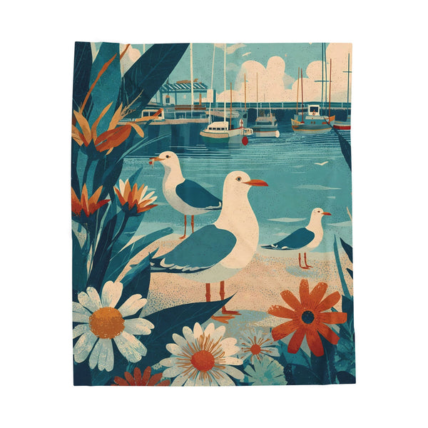 Throw Blanket, Seagull and Boats Vintage Folk Art Illustration, Coastal Living Decor, Lightweight Plush