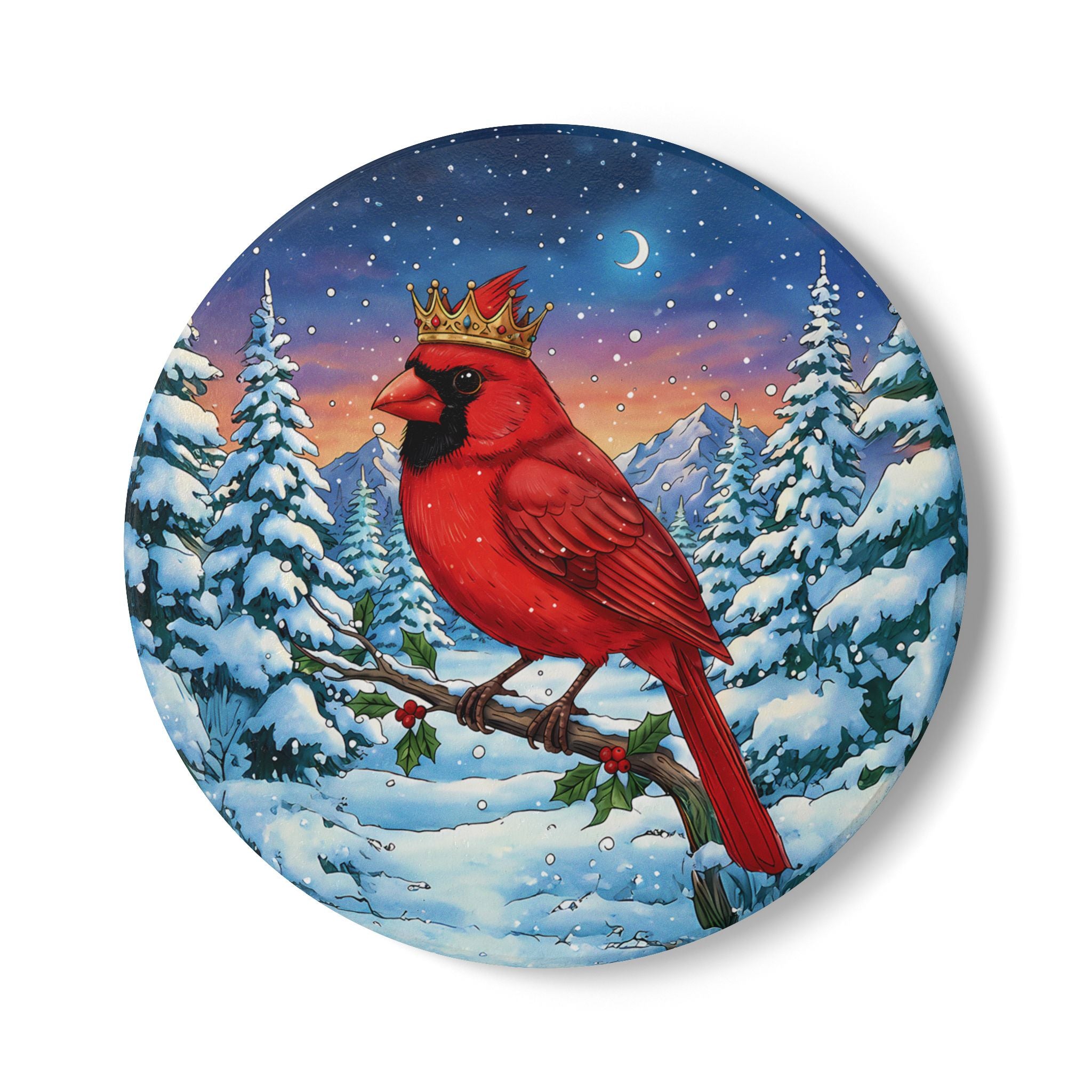 Cardinal with Crown Ceramic Coaster, Holiday Home Decor, Farmhouse Kitchen, Birds With Hats Lover Christmas Gift