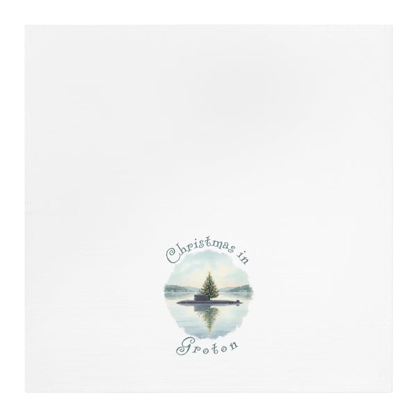 Christmas in Groton, CT Flour Sack Tea Towel  - Submarine with Xmas Tree in Harbor, Local's Gift