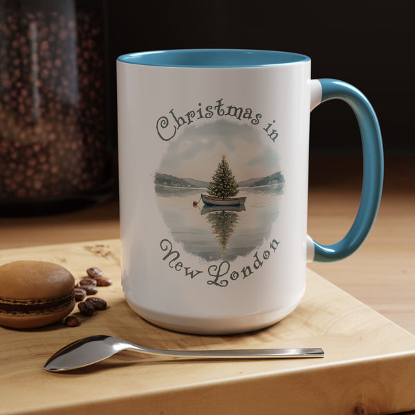 Christmas in New London, CT Accent Coffee Mug  - Dinghy Boat with Xmas Tree in Harbor, Local's Gift
