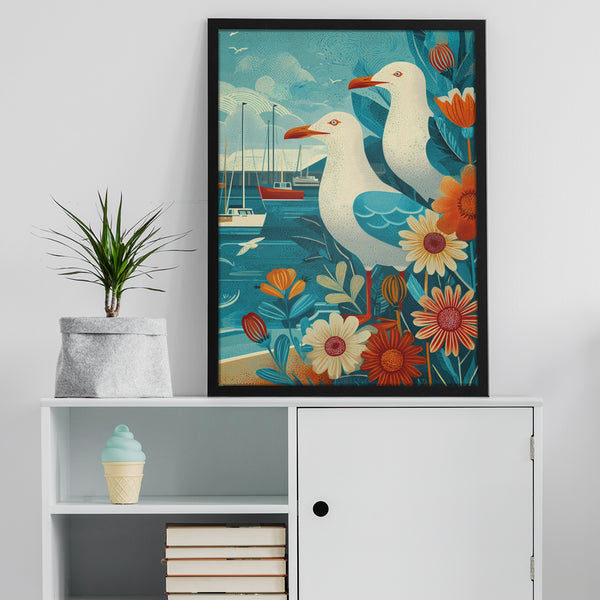 Coastal Seagull Art Print Poster, Nautical Room Decor, Beach House Wall Art, Gift for Bird Lovers, Vintage Inspired Illustration, 3 sizes