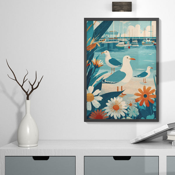 Three Coastal Seagulls and Marina Art Poster, Nautical Decor, Beach House Wall Art, Gift for Bird Lovers, Vintage Inspired Illustration