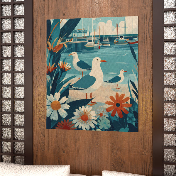 Three Coastal Seagulls and Marina Art Poster, Nautical Decor, Beach House Wall Art, Gift for Bird Lovers, Vintage Inspired Illustration