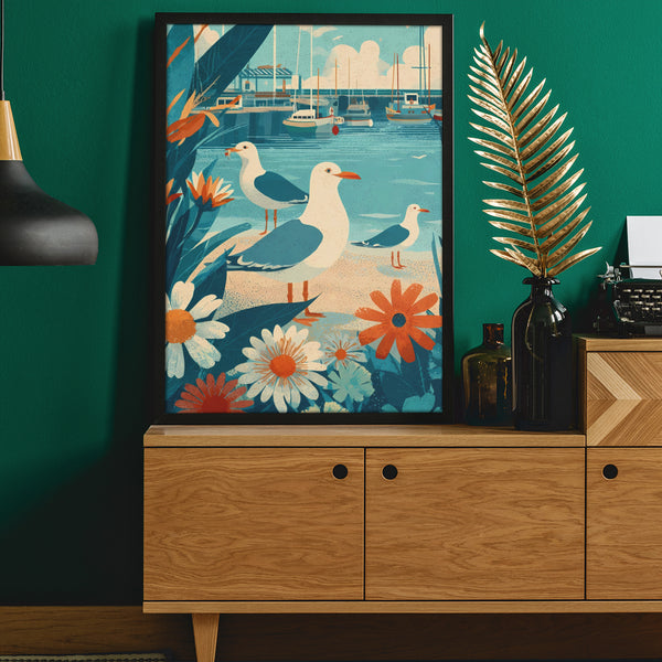 Three Coastal Seagulls and Marina Art Poster, Nautical Decor, Beach House Wall Art, Gift for Bird Lovers, Vintage Inspired Illustration
