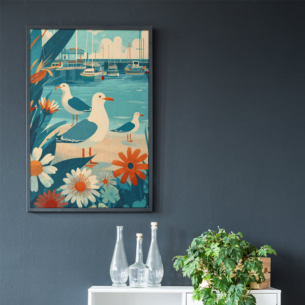 Three Coastal Seagulls and Marina Art Poster, Nautical Decor, Beach House Wall Art, Gift for Bird Lovers, Vintage Inspired Illustration