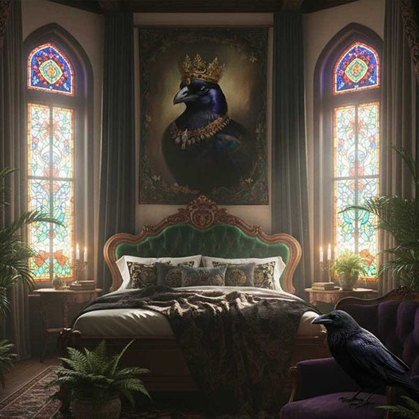 Regal Crow Indoor Wall Tapestry, Gothic Bird Art Decor, Raven King Portrait Hanging, Crown Jewel Tapestry, Home Wall Hanging