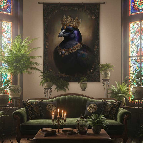 Regal Crow Indoor Wall Tapestry, Gothic Bird Art Decor, Raven King Portrait Hanging, Crown Jewel Tapestry, Home Wall Hanging