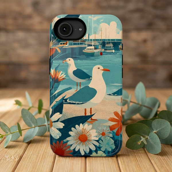 Seaside Seagulls Floral Impact-Resistant Case for 16e and 17e iPhones