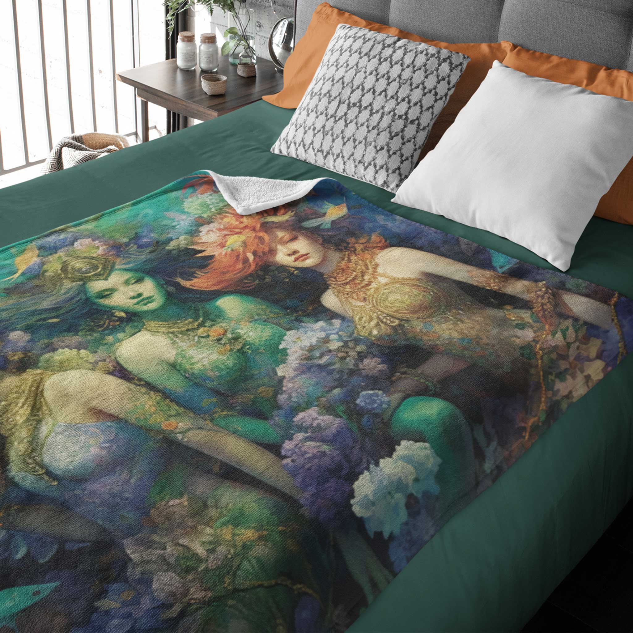 3 Dreamy Water Goddesses, Mermaid, Sea Witch Design on a Lightweight Sherpa Fleece Blanket (2 sizes)