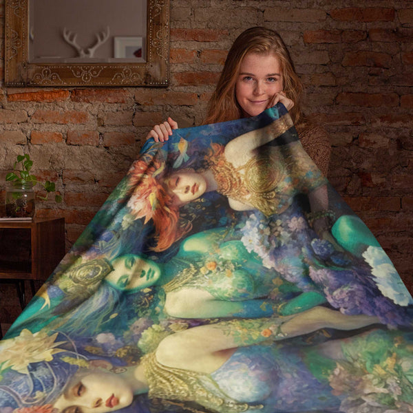 3 Dreamy Water Goddesses, Mermaid, Sea Witch Design on a Lightweight Sherpa Fleece Blanket (2 sizes)