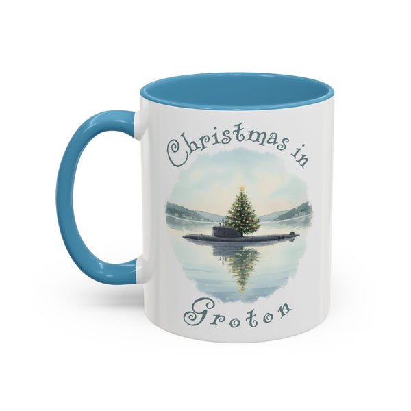 Christmas in Groton, CT Accent Coffee Mug  - Submarine with Xmas Tree in Harbor, Local's Gift