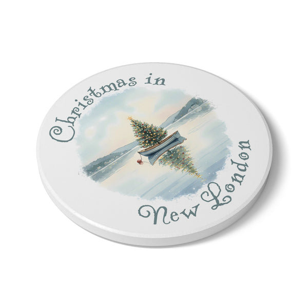 Christmas in New London, CT Ceramic Coaster - Dinghy Boat with Xmas Tree in Harbor Local's Gift