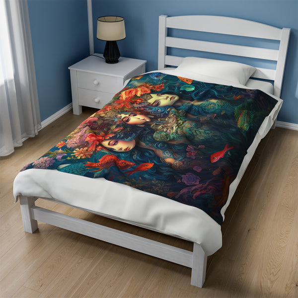 Trio of Water Goddesses, Mermaid, Sea Witch Design on Velveteen Plush Blanket 50x60"