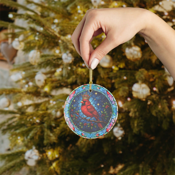 Christmas Cardinal Glass Ornament, Stained Glass Look, Christmas Tree Decoration, Red Cardinal with Gold Crown