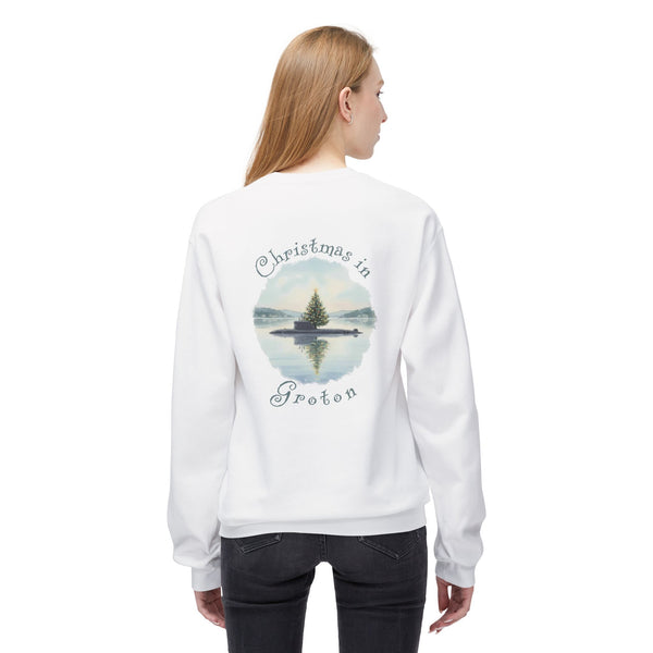 Christmas in Groton, CT Fleece Crewneck Sweatshirt  - Submarine with Xmas Tree in Harbor, Local's Gift