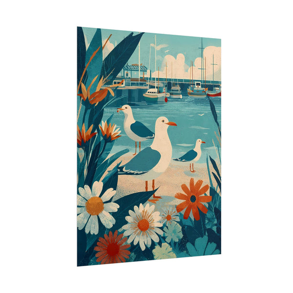 Three Coastal Seagulls and Marina Art Poster, Nautical Decor, Beach House Wall Art, Gift for Bird Lovers, Vintage Inspired Illustration