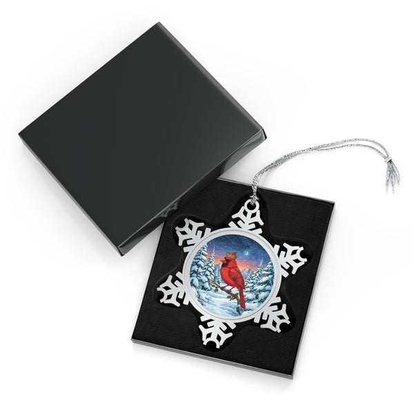 Cardinal in Winter, Pewter Snowflake Ornament, Christmas Tree or Window Decoration, Winter Wonderland Keepsake