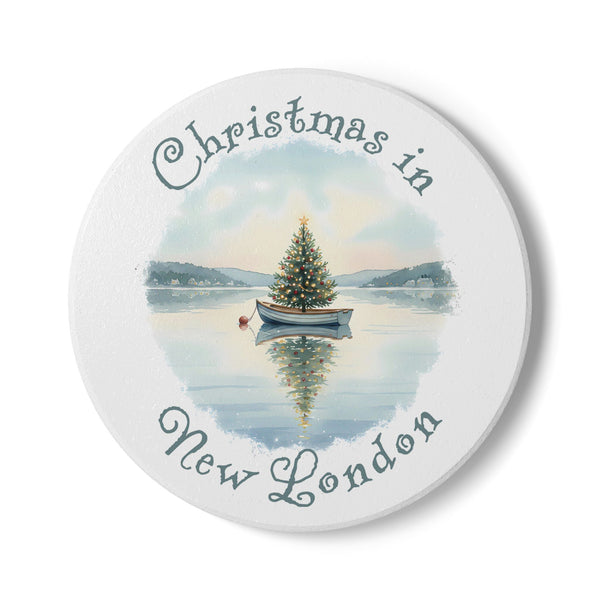 Christmas in New London, CT Ceramic Coaster - Dinghy Boat with Xmas Tree in Harbor Local's Gift