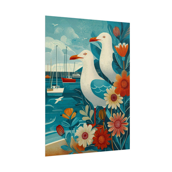 Coastal Seagull Art Print Poster, Nautical Room Decor, Beach House Wall Art, Gift for Bird Lovers, Vintage Inspired Illustration, 3 sizes