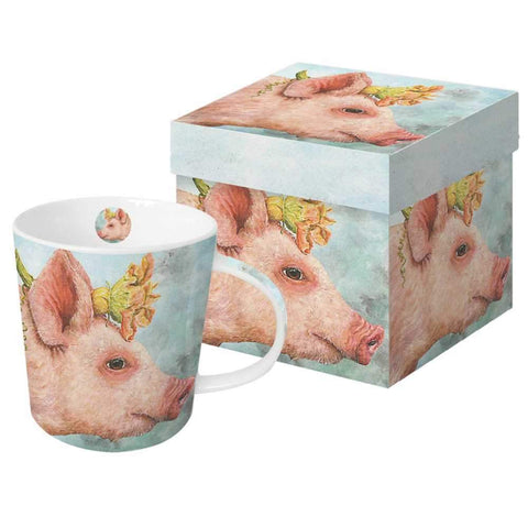 Blossum the Pig, with Floral Headpiece Hat, Whimsical Gift-Boxed Mug - Artwork by Vicki Sawyer