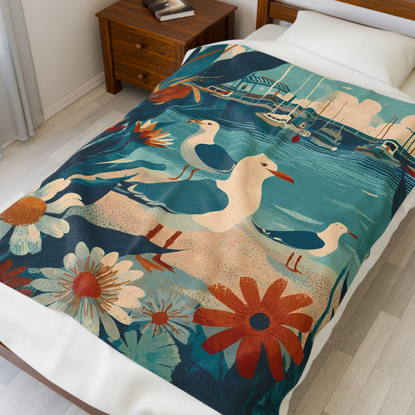 Throw Blanket, Seagull and Boats Vintage Folk Art Illustration, Coastal Living Decor, Lightweight Plush