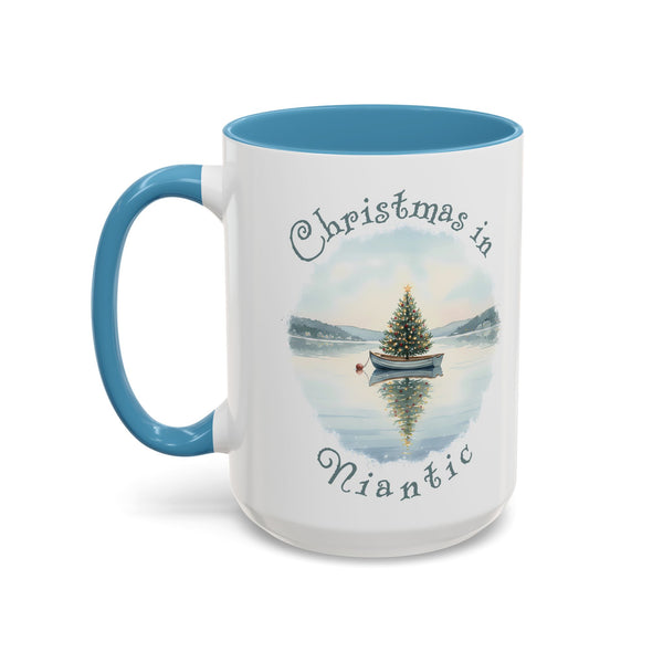 Christmas in Niantic, CT Accent Coffee Mug  - Dinghy Boat with Xmas Tree in Harbor, Local's Gift